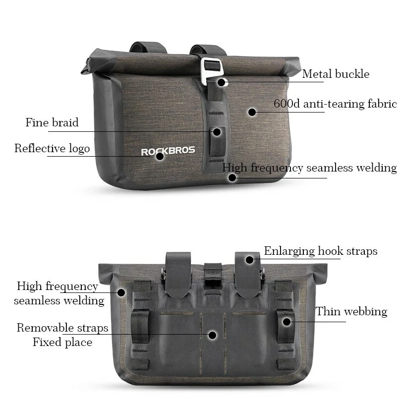 ROCKBROS Bicycle Front Handlebar Bag Waterproof Cycling Tube Bag Black Gold 4-5L - Image 2 of 4