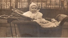 Vintage 1920's Photograph Cute Baby in a Wicker Stroller Near the Park