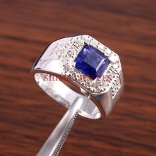 Anello In Argento Sterling 925 Con Gemma Di Zaffiro Blu Riscaldata Per Uomo #175