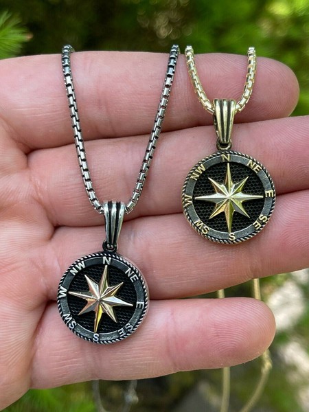 Alternate view of Real Solid 925 Silver 14k Gold Plated Navigation Star Compass Pendant Necklace