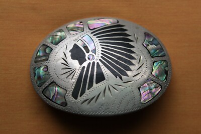 Vtg Johnson Held Handmade Indian Chief Abalone Inlay Belt  display picture 2