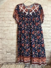 Ekouaer Peasant Dress Womens Large Dark Romantic Florals Country Cottage Pockets