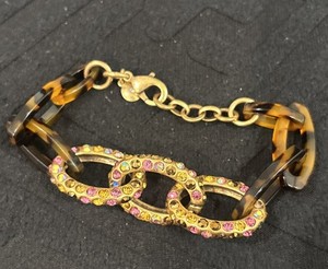 Authentic J CREW Gold Plated Faux Tortoise Acrylic Colorful Rhinestones Bracelet