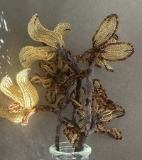 Vintage French Seed Bead Flowers Handmade Stems Gold And Bronze Beautiful   