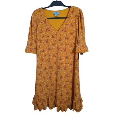 CeCe Yellow Floral Dress Medium NWT Ruffle Hem Lined V-Neck Spring Summer