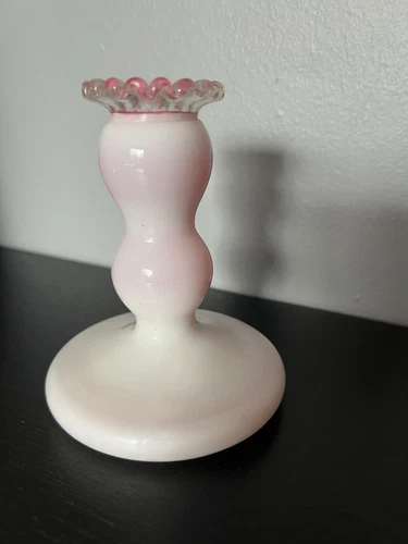 Vintage Fenton Peach (Pink) Crest Milk Glass Candlesticks 5”