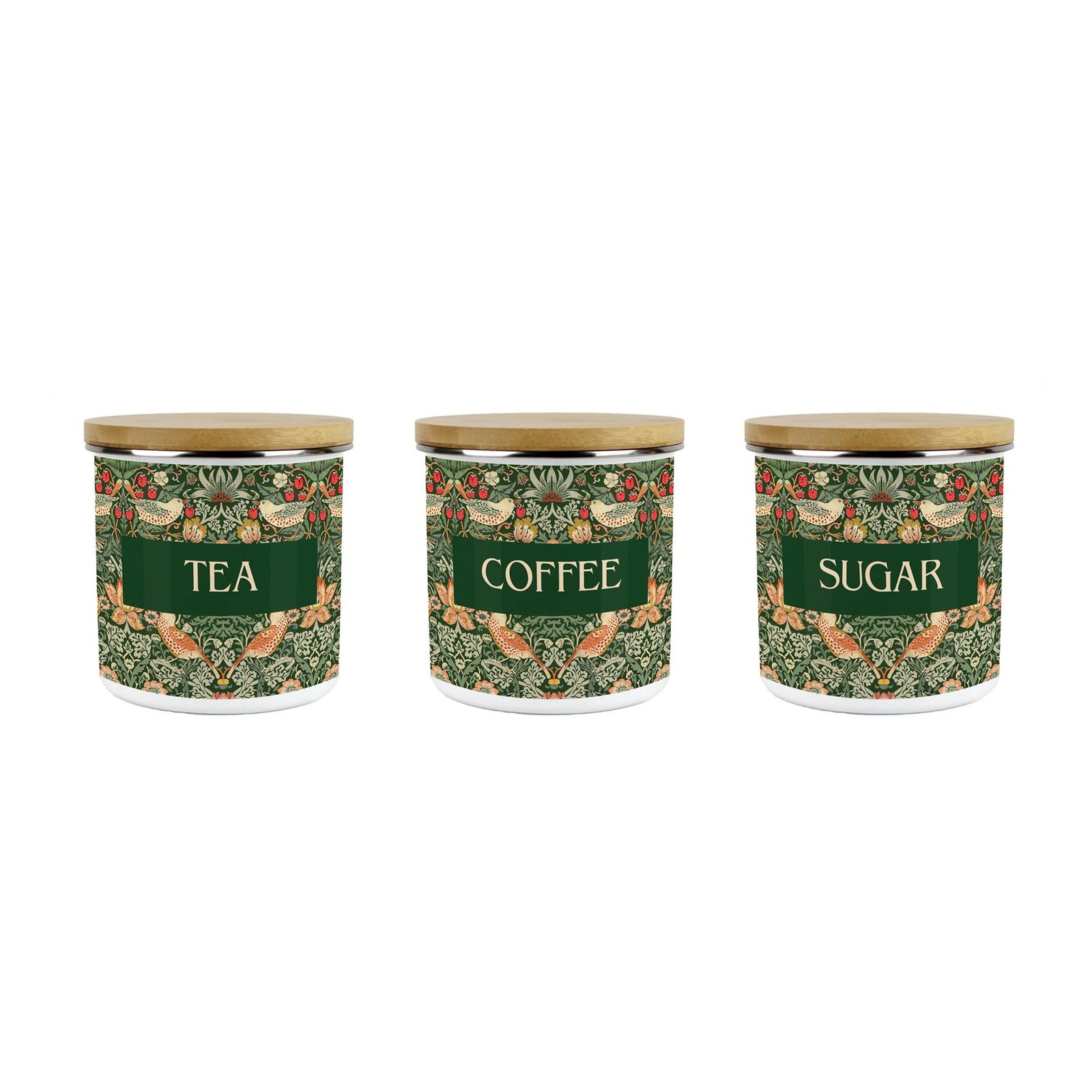 Green Strawberry Thief Tea, Coffee & Sugar Canisters Set - Artistic Kitchen Gift