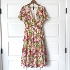 Julian Taylor NY Floral Tiered Wrap Dress 8 Butterflies Cottage Romantic Garden