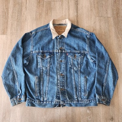 Vintage 90s Levi's Type 3 Denim Trucker Jacket Leather Collar Size L Blue