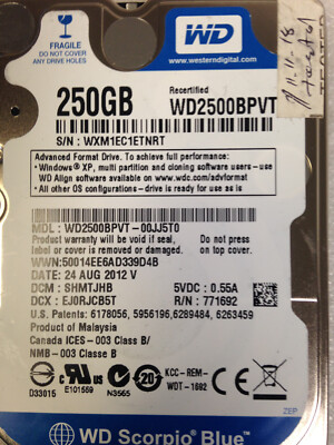 Western Digital WD2500BPVT-00JJ5T0 250GB DCM:SHMTJHB SATA 2.5