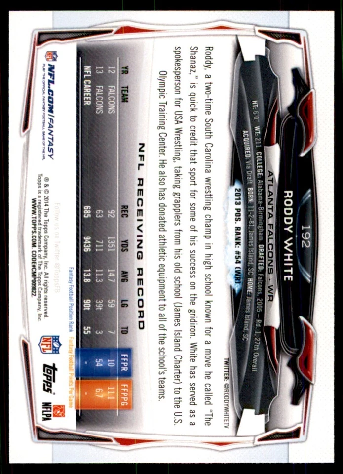 2014 Topps' Roddy White A Football Cards #192 - Image 2 of 2