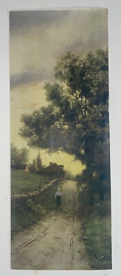 Vintage Colored Print of Woman Walking Down Country Road