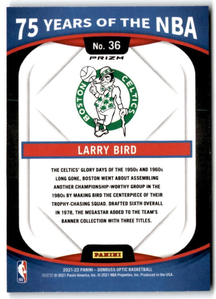 2021-22 Donruss Optic 75 Years of the NBA #36 LARRY BIRD  Boston Celtics  - Image 2 of 2