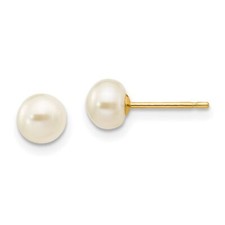 14k Yellow Gold 5-6mm White Button Freshwater Cultured Pearl Earrings