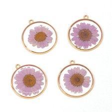 Clearance 8PCS GoldTone Real Dried Purple Daisy Flower Resin Round Charm GBY1013