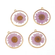 4PCS Gold Tone Real Dry Purple Daisy Flower Resin Round Charm Pendant GBY1013