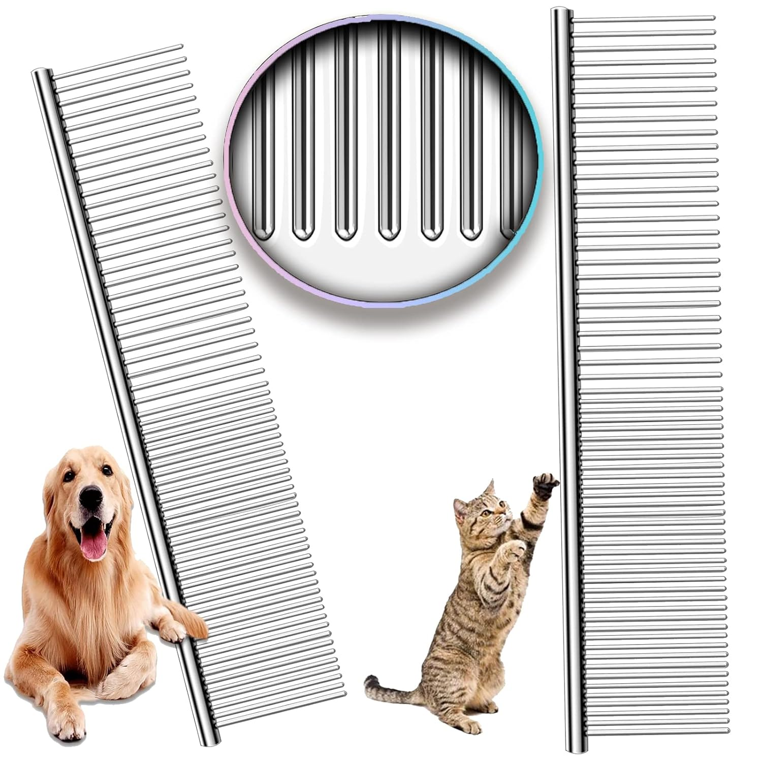 Metal Comb for Dogs, Metal Dog Combs, 2 Pack Cat Comb with Rounded Ends Stainles