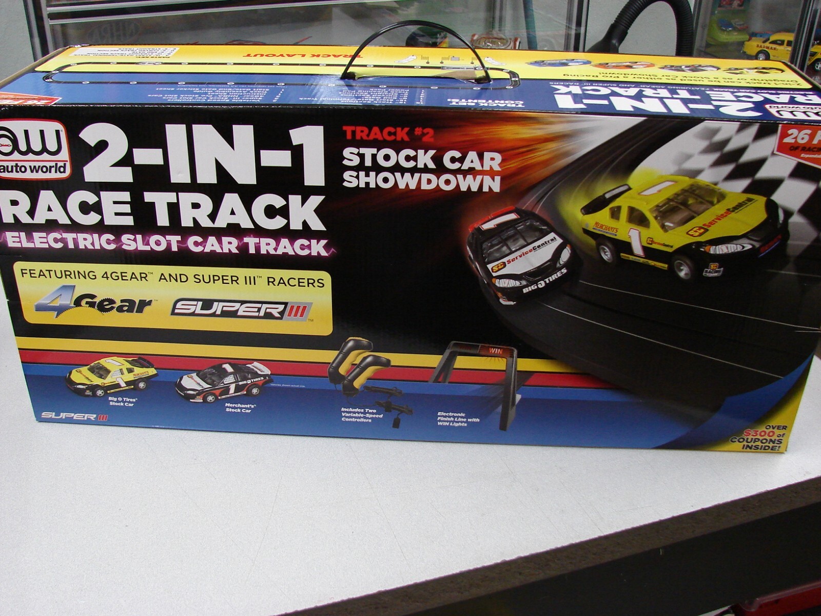 NEW AW AUTOWORLD 2 IN 1 DRAG OVAL SLOT CAR TRACK 4 CARS AFX TJET LIFE