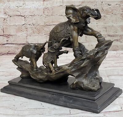 Handcrafted Bronze Statue: Elephant Family on Rock | Home Office Garden Sale
