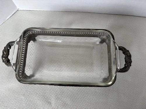 Vintage anchor Hocking Fire King Glass Casserole Dish Silver Serving Tray 1Qt