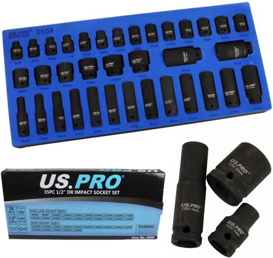 35pc 1/2'' Dr Impact Socket Set Deep Shallow EVA Foam Tray 8-32mm US Pro