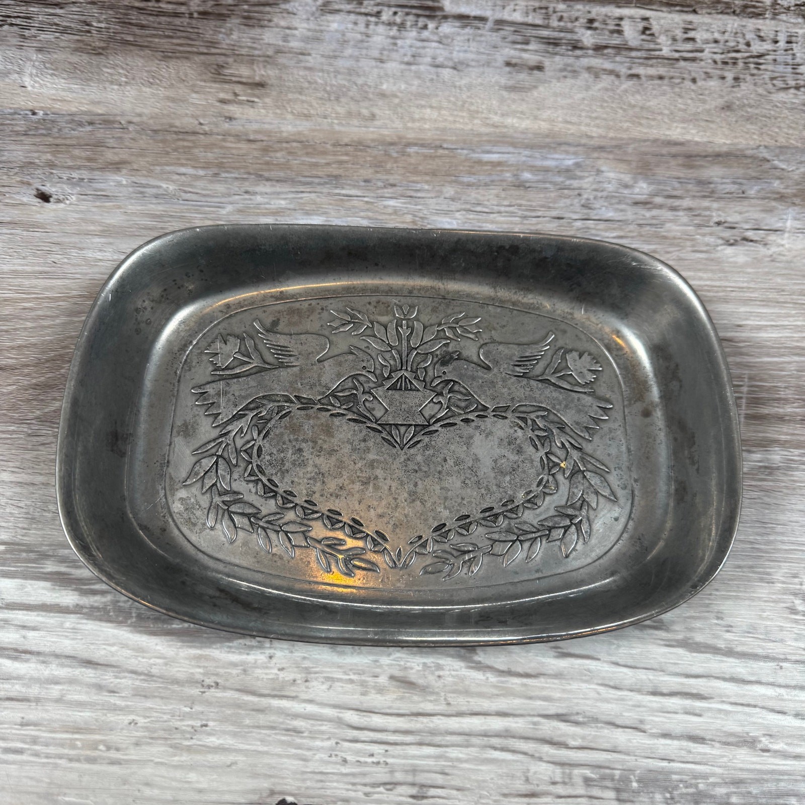 Vintage 70s Wilton Pewter Lovebirds Trinket Dish Vanity Tray Folk Art Decor