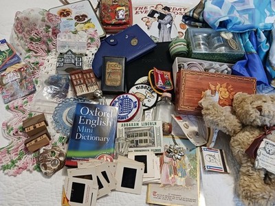 Grandmas Vtg Junk Drawer Lot 50+ Tins Postcards Bottles Slides Mini Houses Bear