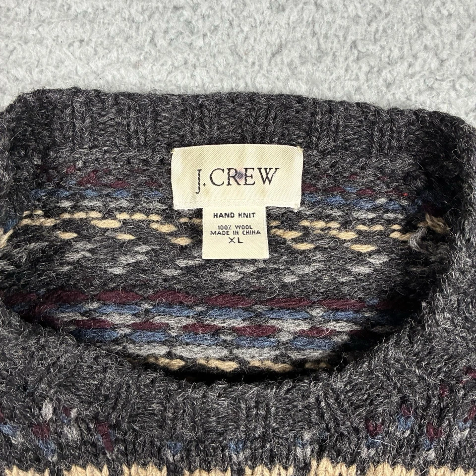 J.Crew Hand Knit Sweater Men’s XL Gray Fair Isle 100% Wool Nordic Knit Jumper - Image 2 of 4