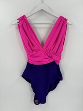 Vintage Catalina Swimsuit Womens 8 Pink Purple 80s Plunge One Piece Stretchy