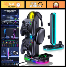 4-in-1 RGB Gaming Headphone Stand, Dual Controller Holder, Wireless Charger, USB