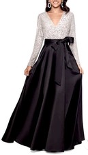 NEW XSCAPE Black Silver Long Sleeve Sequin Taffeta Ballgown Size 18W. $278