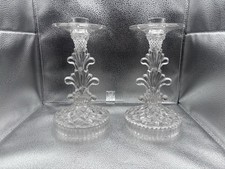 Vintage Clear Pressed Glass Candlesticks Pair Swirl Fan Pattern Mid Century Vintage Clear Pressed Glass Candlesticks Pair Swirl Fan Pattern Mid Century