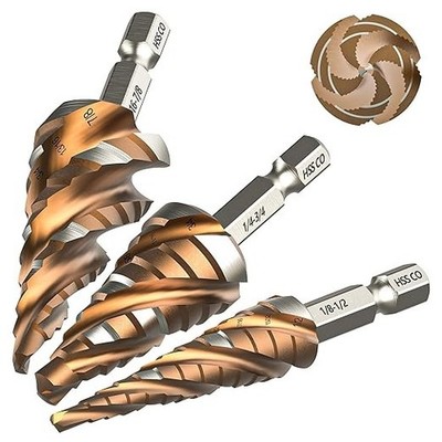 M35 Cobalt HSS Step Drill Bit, Four Spiral Flute Unibit Step Bits Set 1/8''-7/...