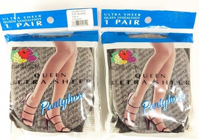 2 Pairs Fruit Of The Loom Ultra Sheer Queen Sandalfoot Pantyhose OFF BLACK Sz D