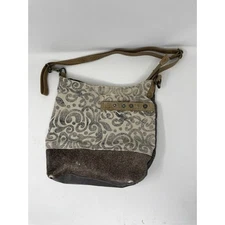 MYRA Purse Canvas Leather Cowhide Shoulder Bag Floral Gray Tan