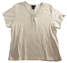 Venezia Jeans Womens Blouse Size 18/20 Ivory Lace-Up V-Neck Short Sleeve NWOT
