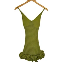 MUSERA Womens Crochet Knit Frill Hen Mini Dress Sz XS Green Sleeveless V Neck