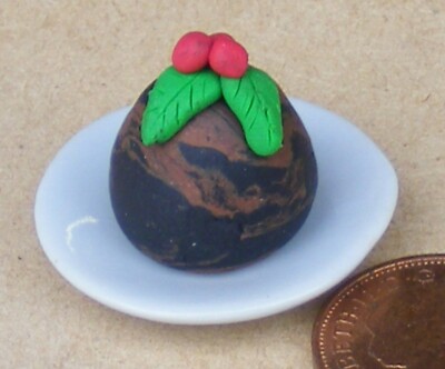 Puppenstube Weihnachtspudding traditionell auf Keramikteller Maßstab 1:12 Tumdee