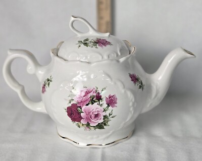 Large Crown Dorset Teapot England Floral Pink Roses Peonies Staffordshire Gold