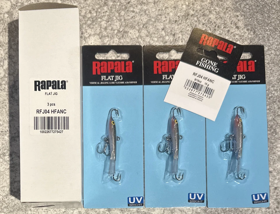3 Packs Discontinued Rapala Flat Jig 04 HFANC 9/16 OZ Full Dealer Box With Tag