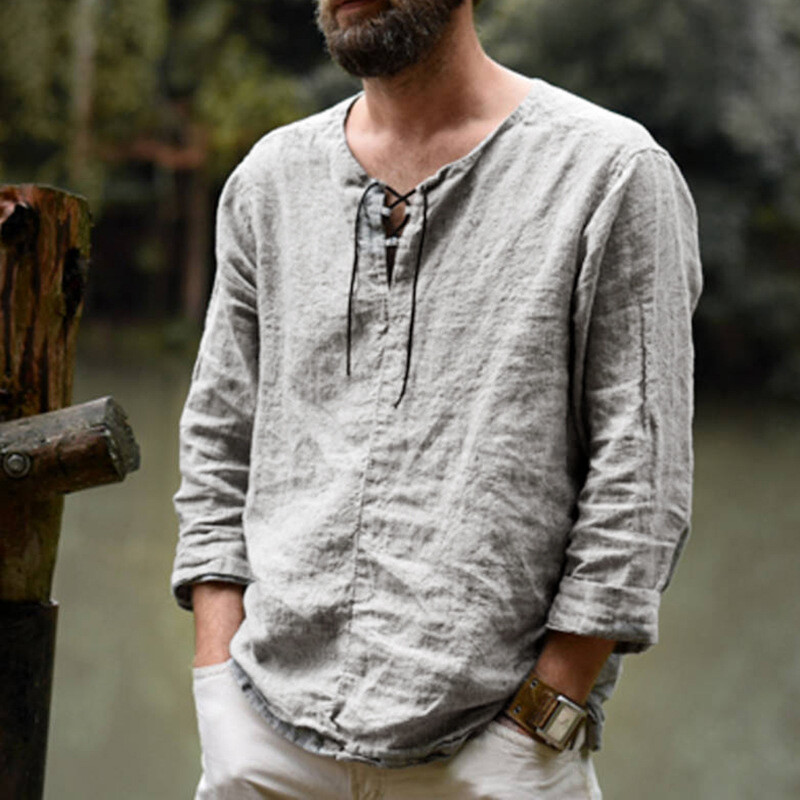 Vintage Men Long Sleeve Linen Shirt V-Neck Lace Up Shirt