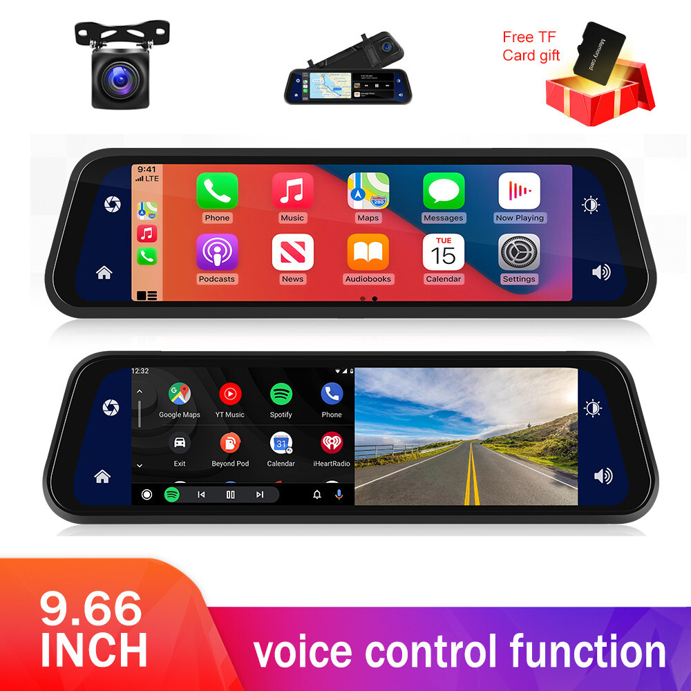 Autoradio 2K 9.66" Wireless Carplay Android Auto Specchio Retrovisore DVR Doppia Fotocamera Auto foto 2