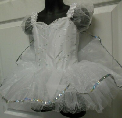 BALLET COSTUME White Puff Sleeves attched tutu sequin trim Girls Szs rosette