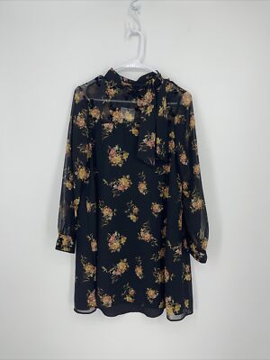 Zara Basic Black Sheer High Neck Long Sleeve Floral Dress Size Small NWT