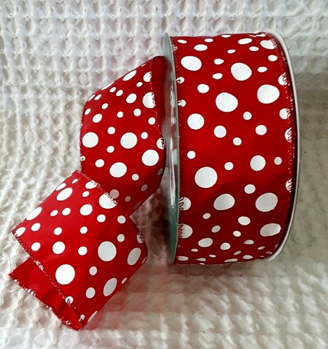 Wired Ribbon RED WHITE POLKA DOT 2.5 Wide 5 Yard Christmas Holiday Theme - Picture 3 of 7