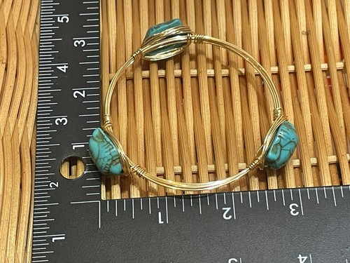 HAND MADE ARTISAN WIRE WRAPPED TURQUOISE HOWLITE BUDDHA FACES BANGLE BRACELET - Picture 5 of 5