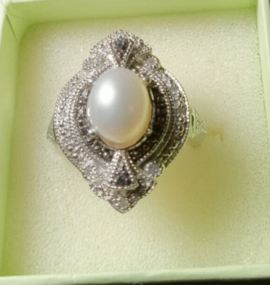 ROSS SIMONS Pearl+Black &White Diamonds 925 Silver Ring