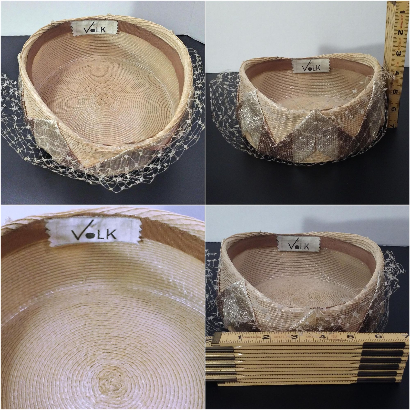 Vintage 40s-50s Volk Hat Shako Straw Raffia Pillbox Net Veil Chevron Beige Tan image 8