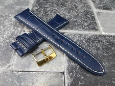19 mm Leather Strap Navy Blue Watch Band OEM OMEGA Gold Plate Buckle Set PO W