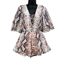 Lovers + Friends Romper Womens XS Snake Print Flutter Sleeve Lace Up Going Out